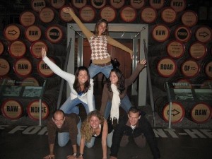 six friends making pyramid at guiness factory